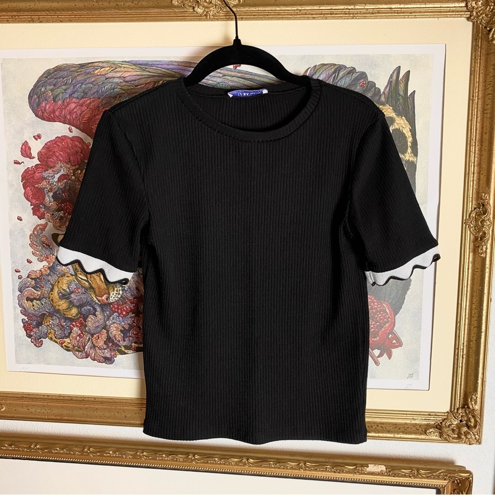 ZARA black rib knit scallop hem t-shirt small summer